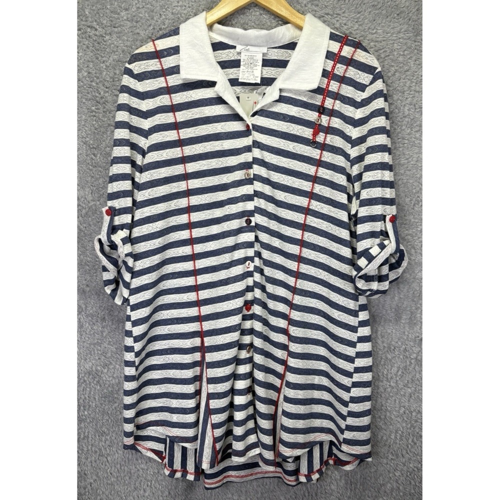 Zoe by Michael Phillips Women's XXL Blue White Button Up Tunic Lagenlook Coastal